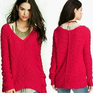 Free People  Songbird hot pink v-Neck Sweater size M
